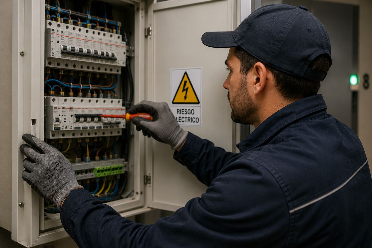 Electricista revisando un tablero eléctrico